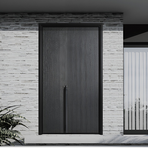 Custom Thermal-Break Entry Door – Graphite Grey Art Carved Design