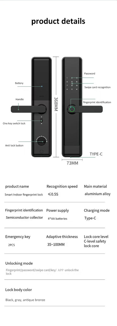 Smart Fingerprint Door Lock with Remote Password & 6 Unlock Methods