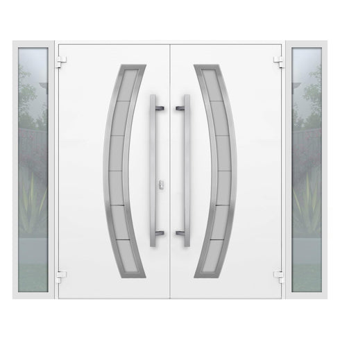 Modern Prehung Double Metal Entry Door – White, Frosted Glass, Customizable