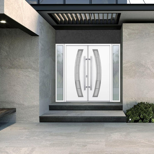 Modern Prehung Double Metal Entry Door – White, Frosted Glass, Customizable