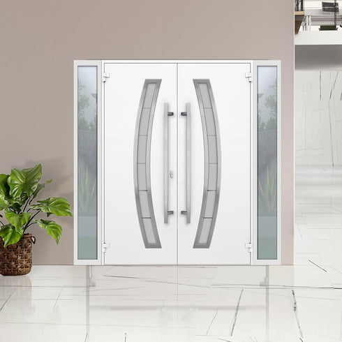 Modern Prehung Double Metal Entry Door – White, Frosted Glass, Customizable