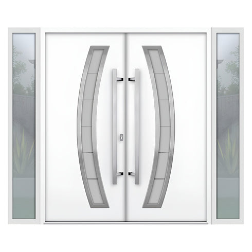 Modern Prehung Double Metal Entry Door – White, Frosted Glass, Customizable